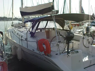 Cockpit of Triton, a Beneteau Cyclades 50.5 sailboat at Kontokali, Greece