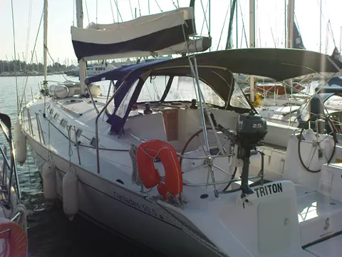 Cockpit of Triton, a Beneteau Cyclades 50.5 sailboat at Kontokali, Greece