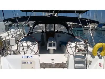 Cockpit of Triton, a Beneteau Cyclades 50.5 sailboat at Kontokali, Greece