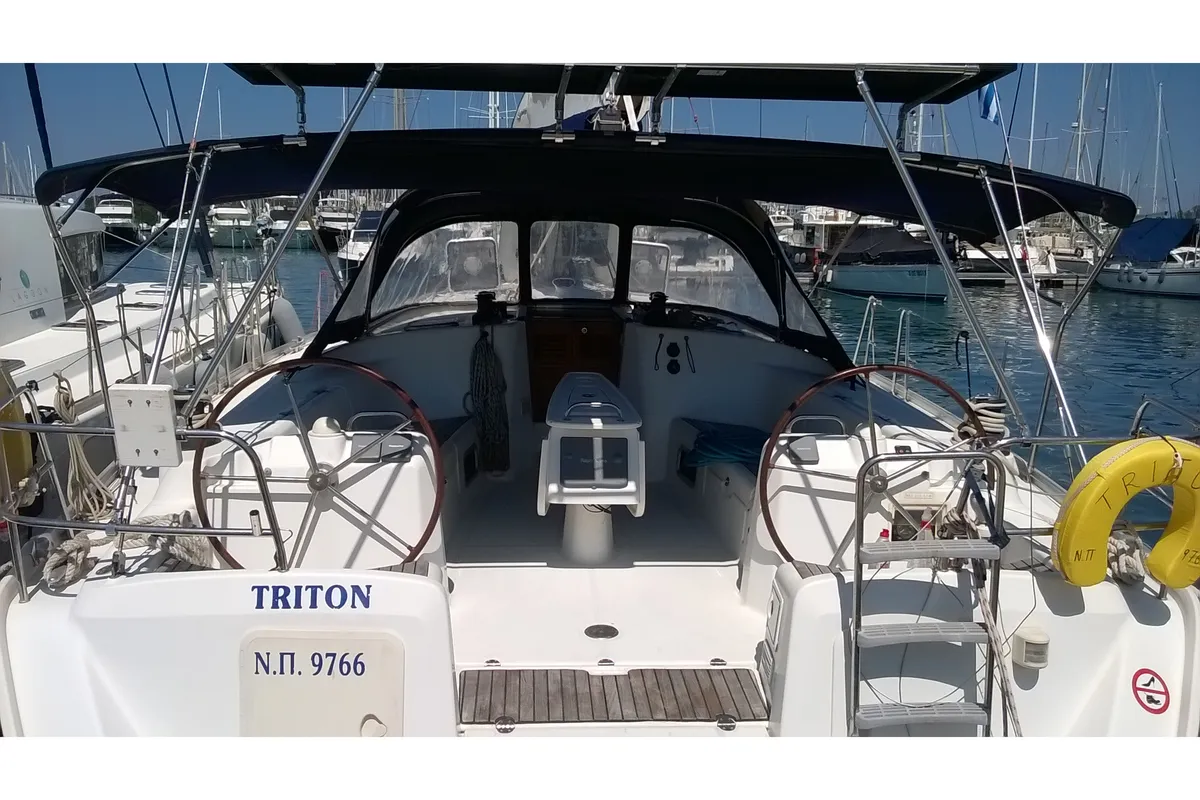 Cockpit of Triton, a Beneteau Cyclades 50.5 sailboat at Kontokali, Greece