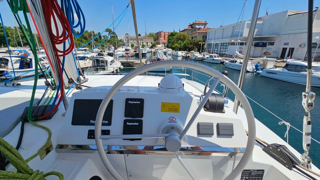 Cockpit of Stairway To Heaven, a Bali 4.2 catamaran at Zadar, Croatia