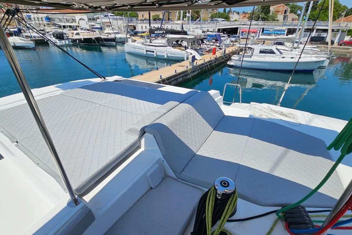 Deck of Stairway To Heaven, a Bali 4.2 catamaran at Zadar, Croatia