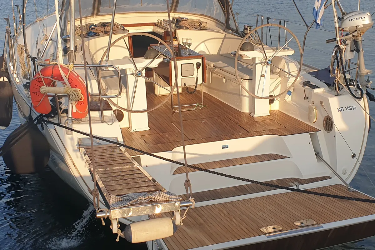 Exterior view of Laura, a Bavaria Cruiser 45 sailboat at Municipal Unit of Nea Peramos, Greece