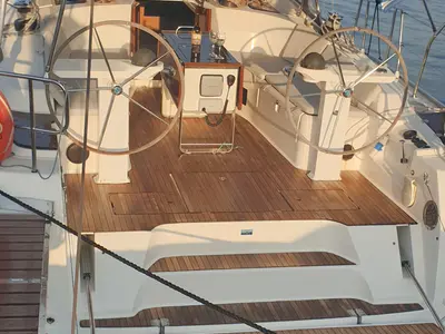 Cockpit of Laura, a Bavaria Cruiser 45 sailboat at Municipal Unit of Nea Peramos, Greece