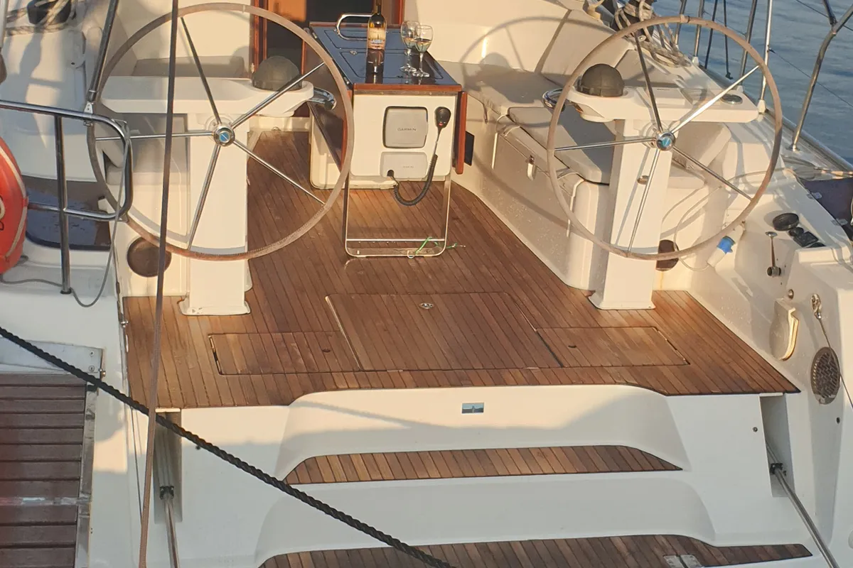 Cockpit of Laura, a Bavaria Cruiser 45 sailboat at Municipal Unit of Nea Peramos, Greece