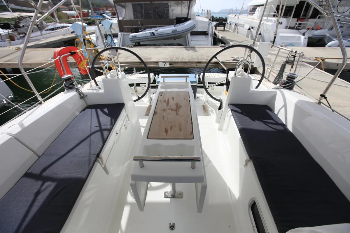 Cockpit of Cozmo, a Beneteau Oceanis 35.1 sailboat at Road Town, British Virgin Islands
