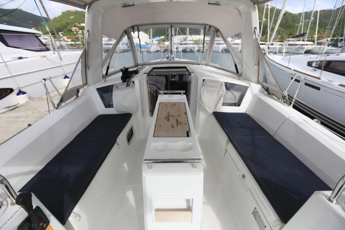 Cockpit of Cozmo, a Beneteau Oceanis 35.1 sailboat at Road Town, British Virgin Islands