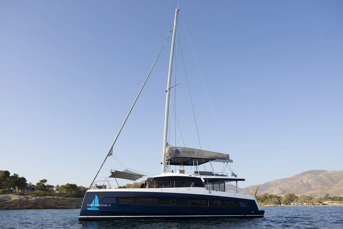 Exterior view of New Horizons 4, a Bali 5.8 catamaran at Municipal Unit of Nea Peramos, Greece