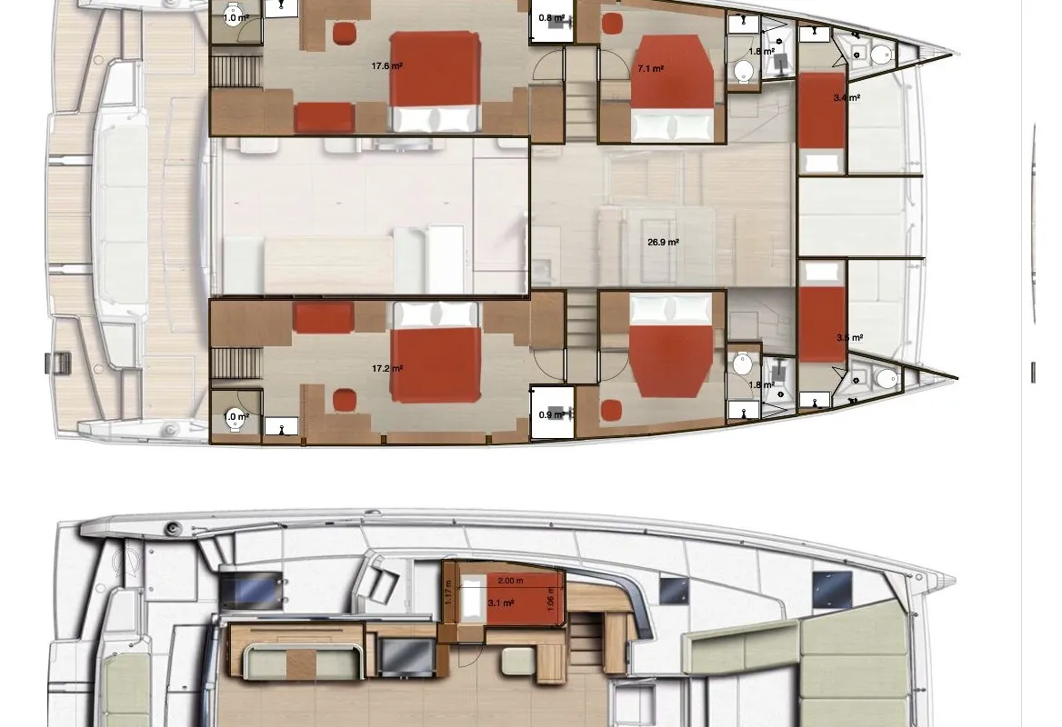 Floor plan of New Horizons 4, a Bali 5.8 catamaran at Municipal Unit of Nea Peramos, Greece