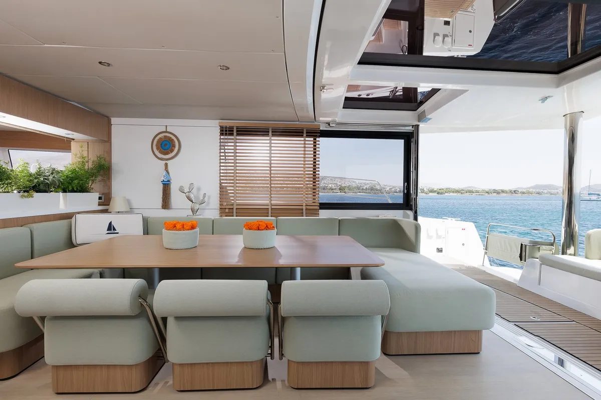 Deck of New Horizons 4, a Bali 5.8 catamaran at Municipal Unit of Nea Peramos, Greece