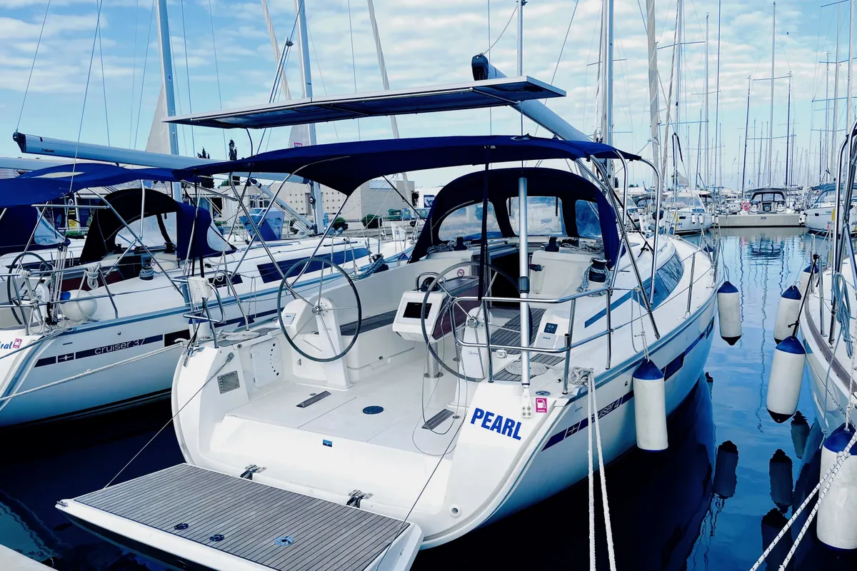 Exterior view of Pearl, a Bavaria Cruiser 41 sailboat at Sukošan, Croatia