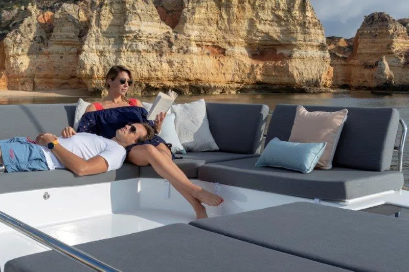 Deck of Christina, a Fountaine Pajot Elba 45 catamaran at es Jonquet, Spain