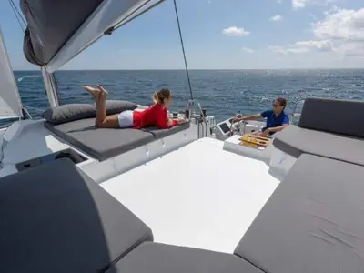 Cockpit of Christina, a Fountaine Pajot Elba 45 catamaran at es Jonquet, Spain
