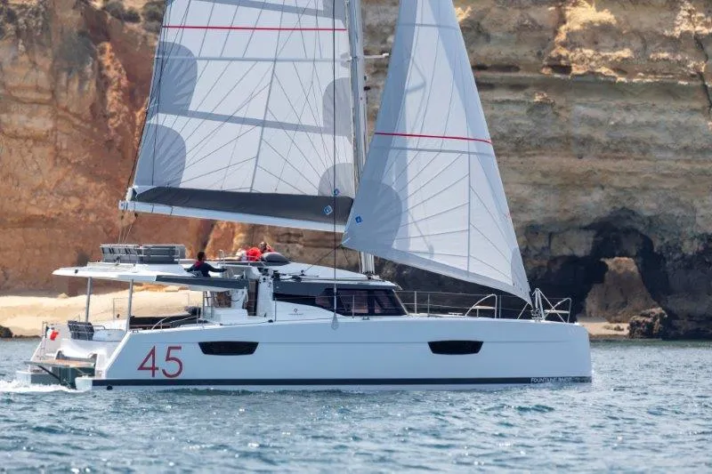 Exterior view of Christina, a Fountaine Pajot Elba 45 catamaran at es Jonquet, Spain