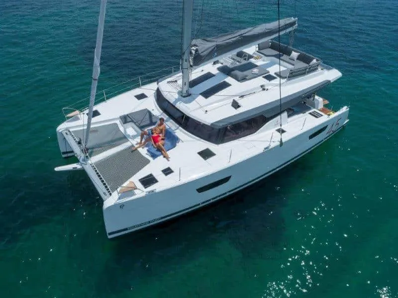 Exterior view of Christina, a Fountaine Pajot Elba 45 catamaran at es Jonquet, Spain