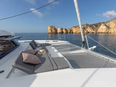 Deck of Christina, a Fountaine Pajot Elba 45 catamaran at es Jonquet, Spain