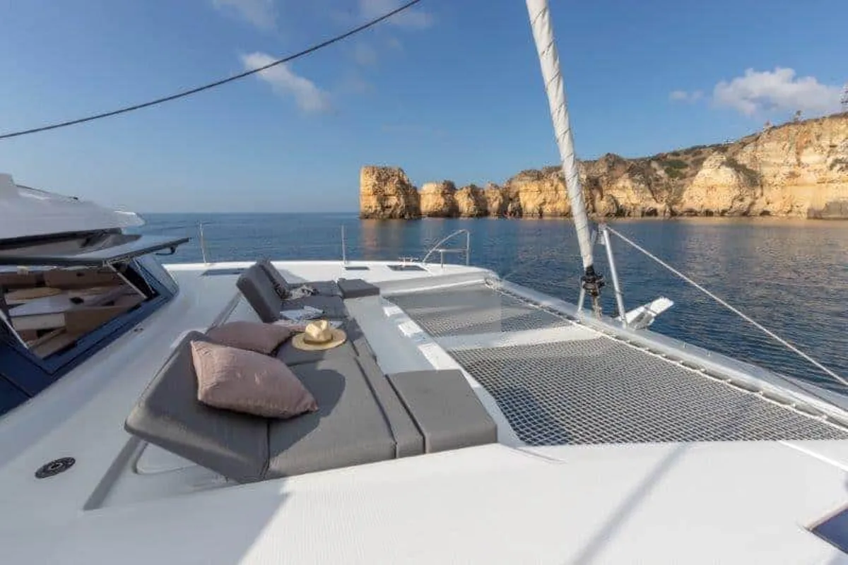 Deck of Christina, a Fountaine Pajot Elba 45 catamaran at es Jonquet, Spain