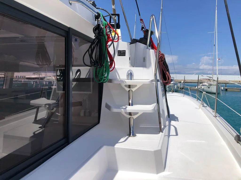 Deck of Orlandina, a Bali 4.1 catamaran at Capo d'Orlando, Italy