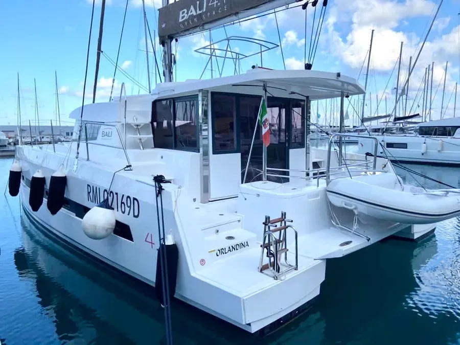 Exterior view of Orlandina, a Bali 4.1 catamaran at Capo d'Orlando, Italy