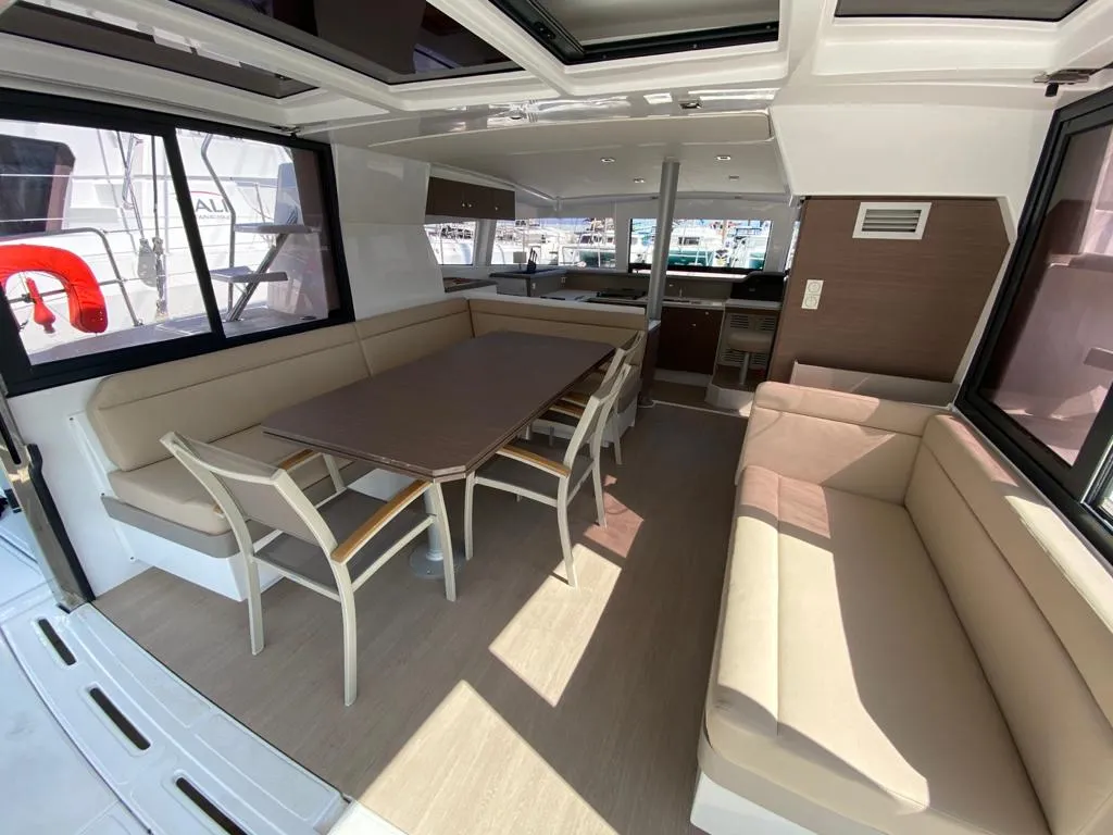 Salon of Orlandina, a Bali 4.1 catamaran at Capo d'Orlando, Italy