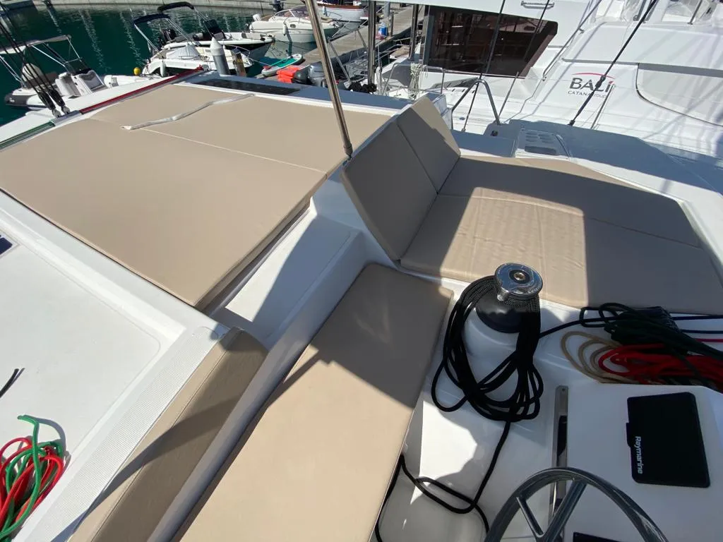 Deck of Orlandina, a Bali 4.1 catamaran at Capo d'Orlando, Italy