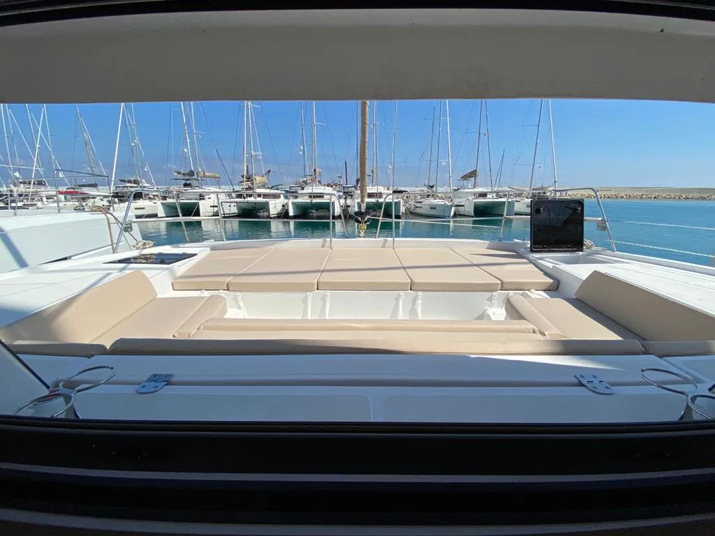 Deck of Orlandina, a Bali 4.1 catamaran at Capo d'Orlando, Italy