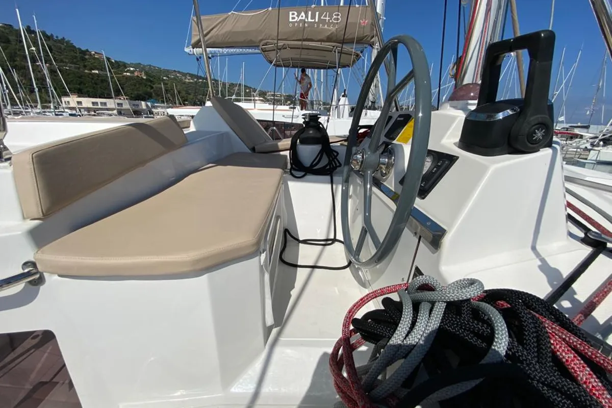 Exterior view of Orlandina, a Bali 4.1 catamaran at Capo d'Orlando, Italy