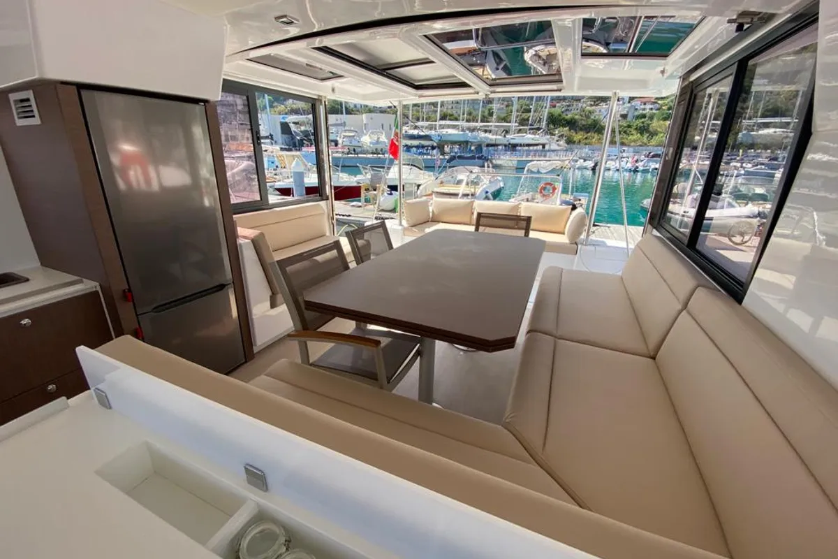 Salon of Orlandina, a Bali 4.1 catamaran at Capo d'Orlando, Italy