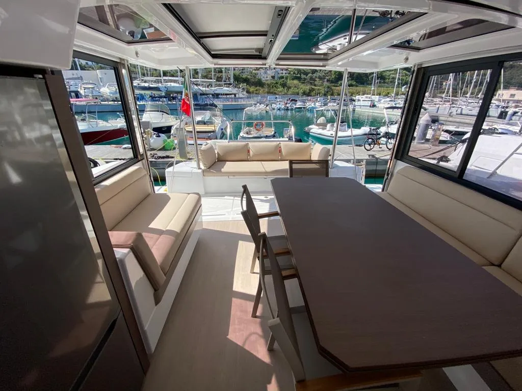 Salon of Orlandina, a Bali 4.1 catamaran at Capo d'Orlando, Italy