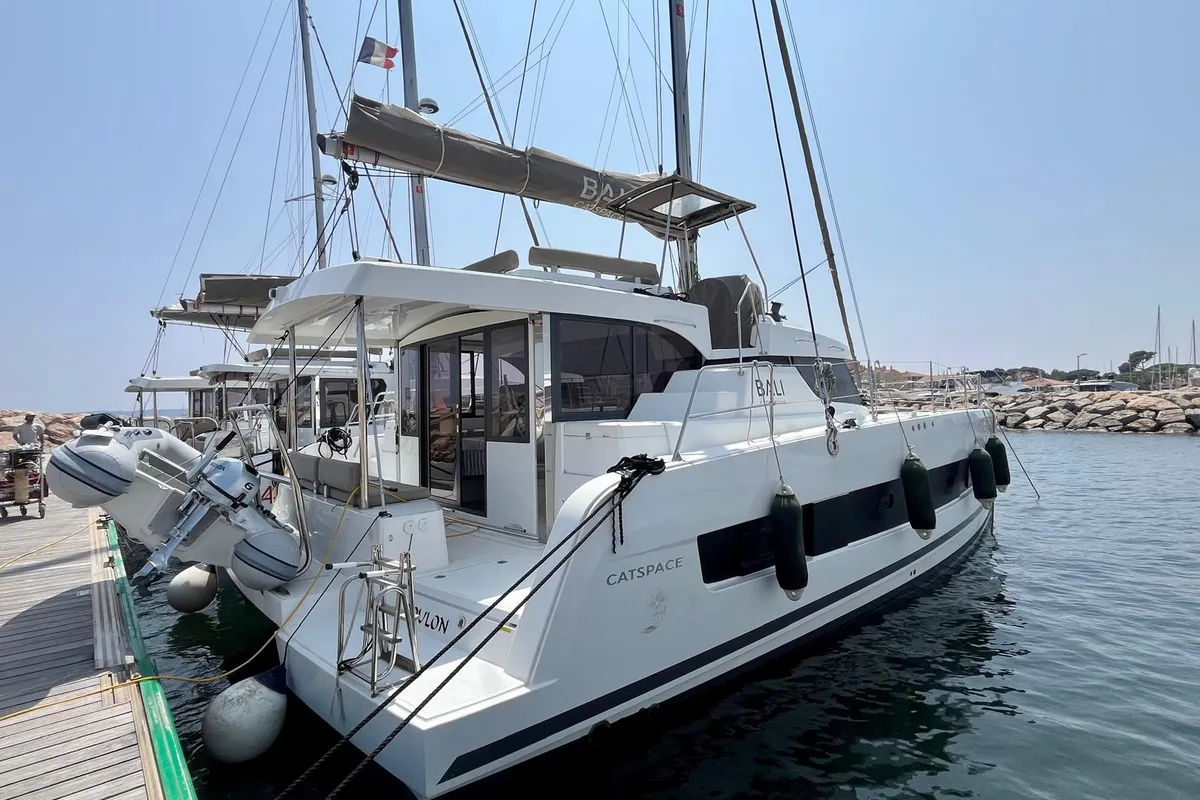Exterior view of Les Evadees, a Bali Catspace OW catamaran at Hyères, France