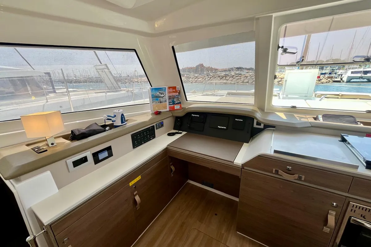 Cockpit of Les Evadees, a Bali Catspace OW catamaran at Hyères, France