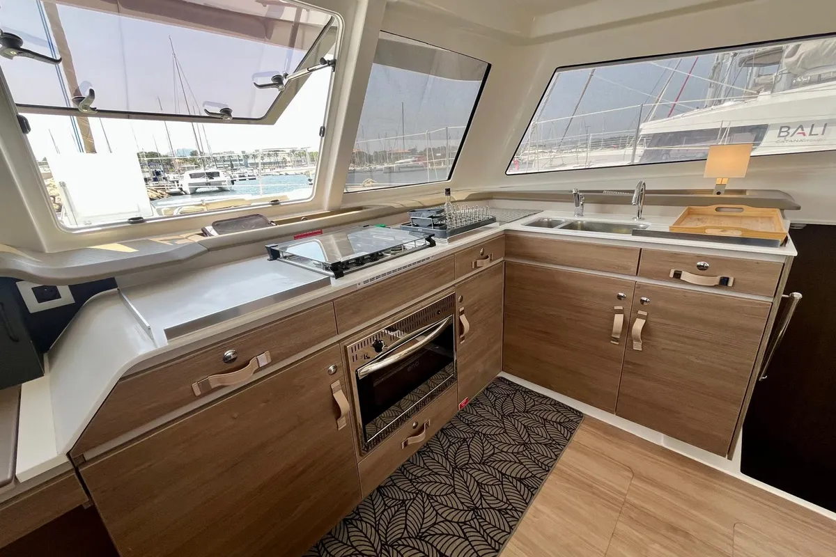 Galley of Les Evadees, a Bali Catspace OW catamaran at Hyères, France