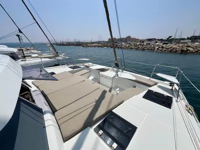 Deck of Les Evadees, a Bali Catspace OW catamaran at Hyères, France