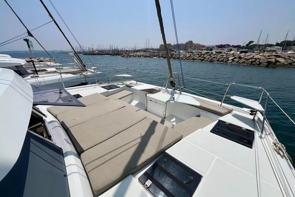 Deck of Les Evadees, a Bali Catspace OW catamaran at Hyères, France