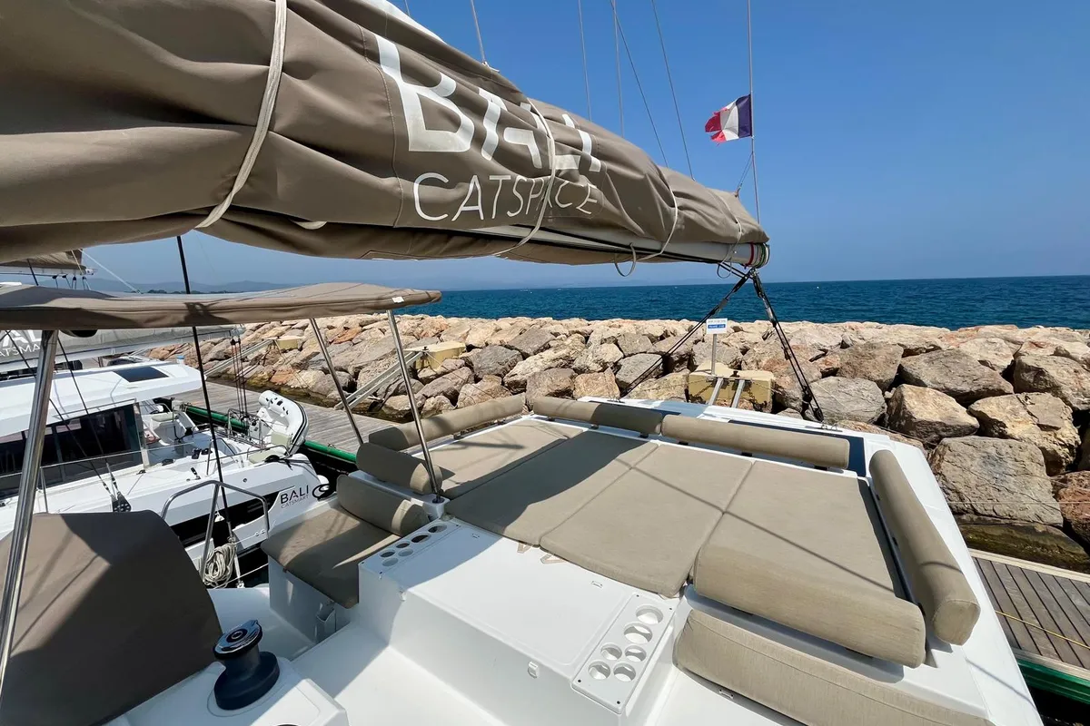 Deck of Les Evadees, a Bali Catspace OW catamaran at Hyères, France