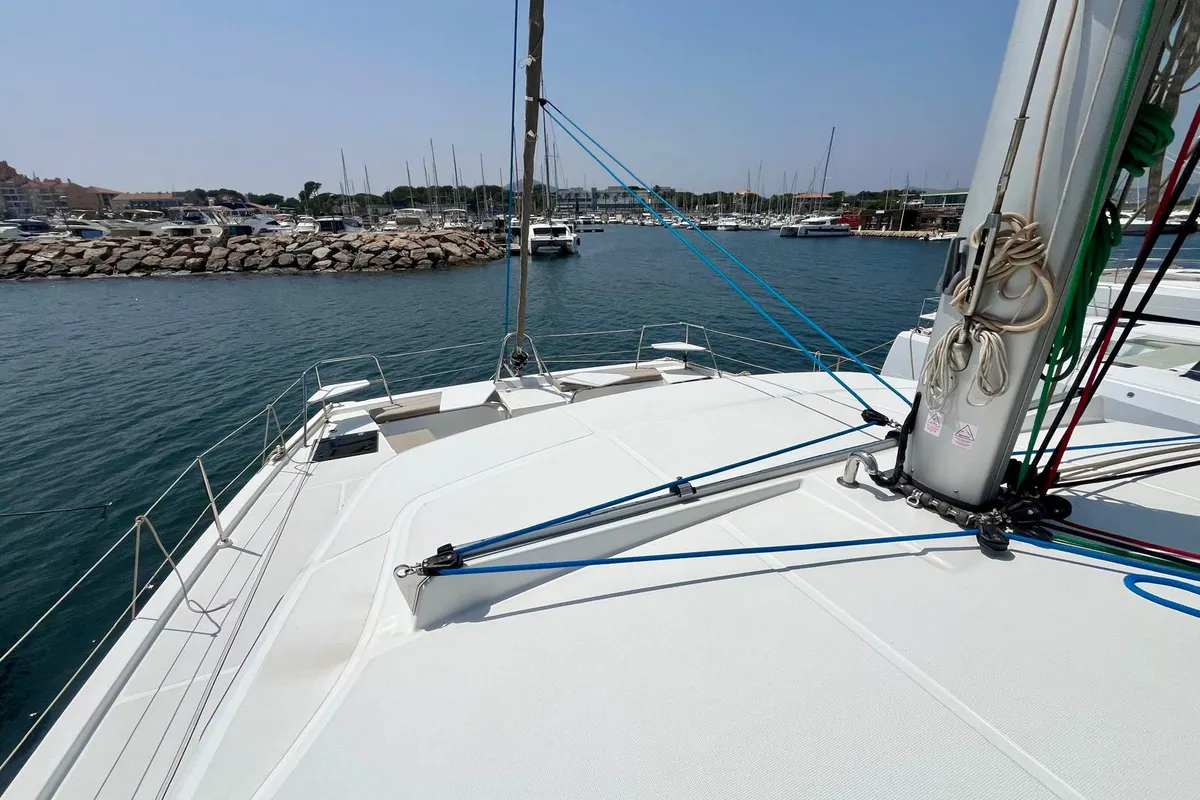 Deck of Les Evadees, a Bali Catspace OW catamaran at Hyères, France