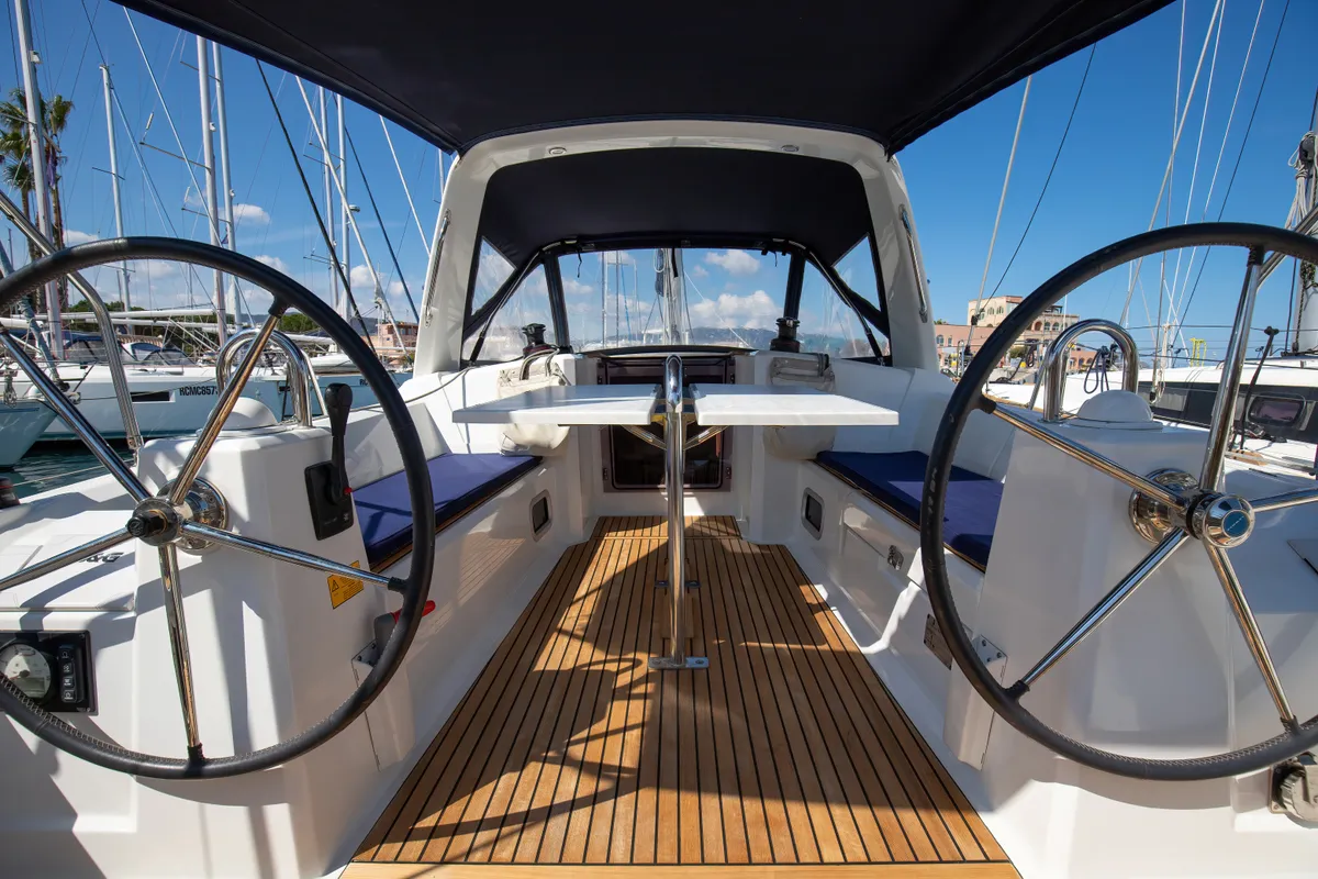 Cockpit of Levante, a Beneteau Oceanis 35.1 sailboat at Tonnarella, Italy