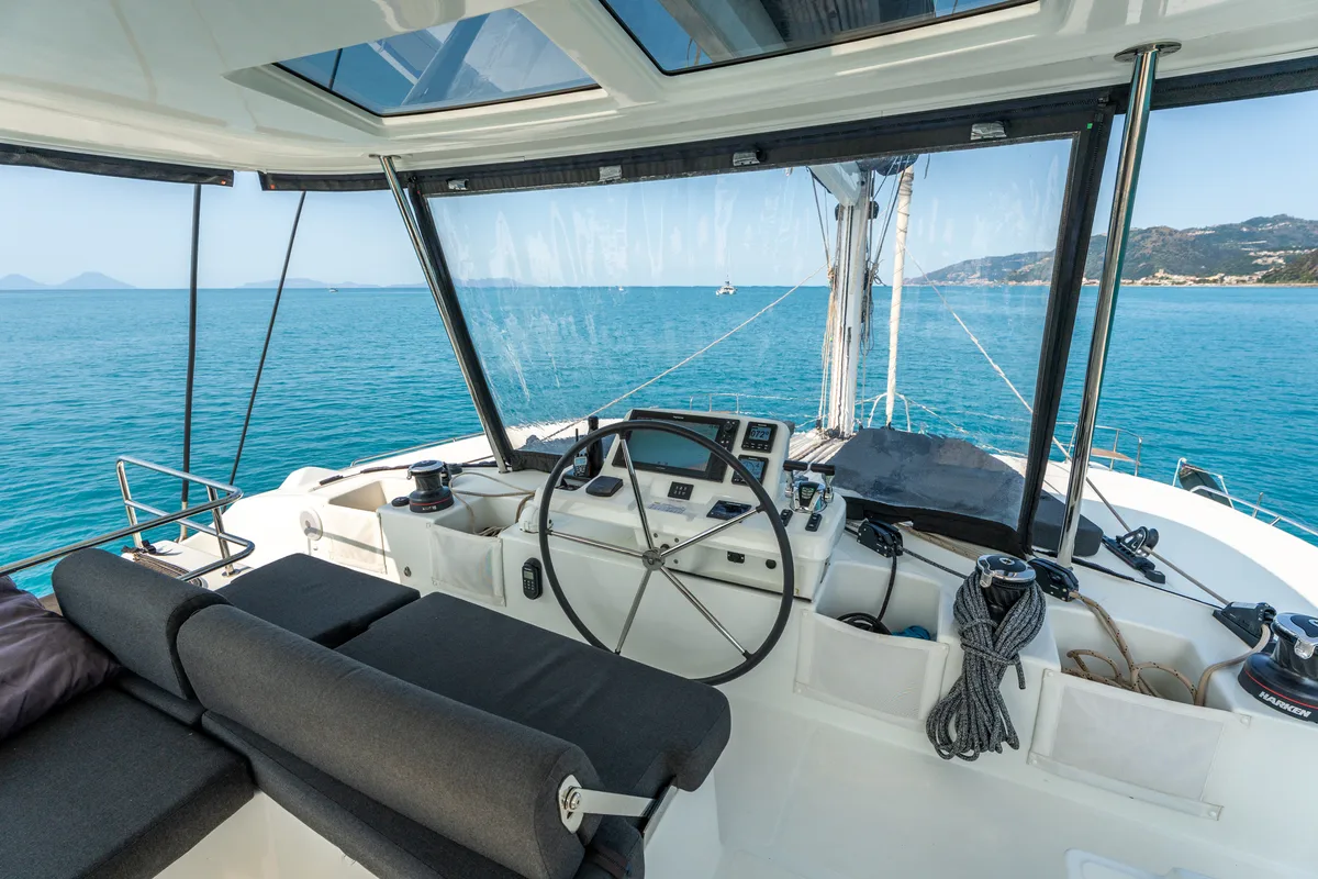 Cockpit of Paco - Premium line, a Lagoon 51 catamaran at Olbia, Italy