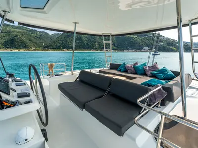 Cockpit of Paco - Premium line, a Lagoon 51 catamaran at Olbia, Italy