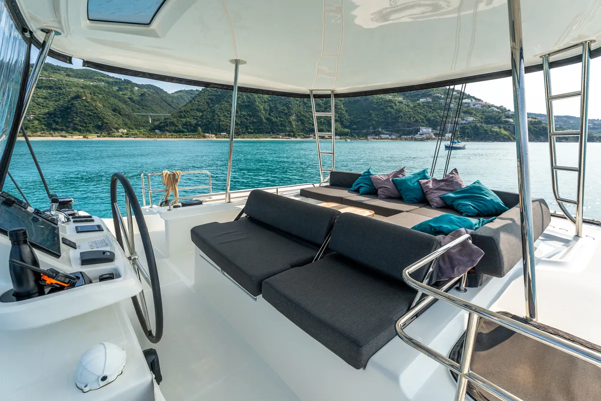 Cockpit of Paco - Premium line, a Lagoon 51 catamaran at Olbia, Italy