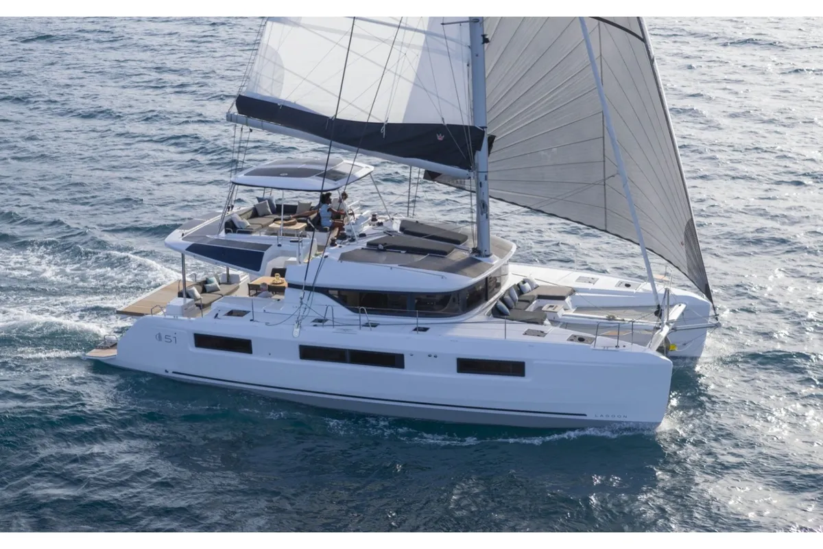 Exterior view of Paco - Premium line, a Lagoon 51 catamaran at Olbia, Italy