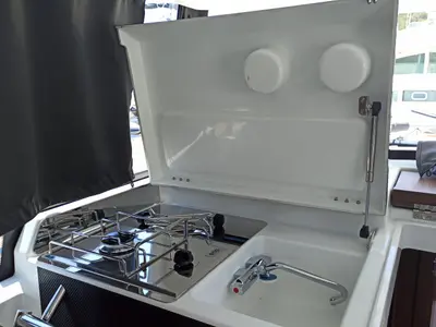 Galley of Surprise, a Jeanneau Merry Fisher 895 Sport Offshore motorboat at Punat, Croatia