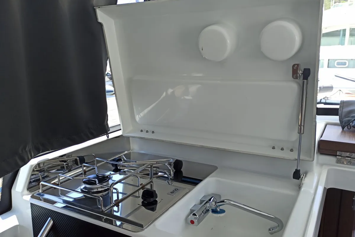 Galley of Surprise, a Jeanneau Merry Fisher 895 Sport Offshore motorboat at Punat, Croatia