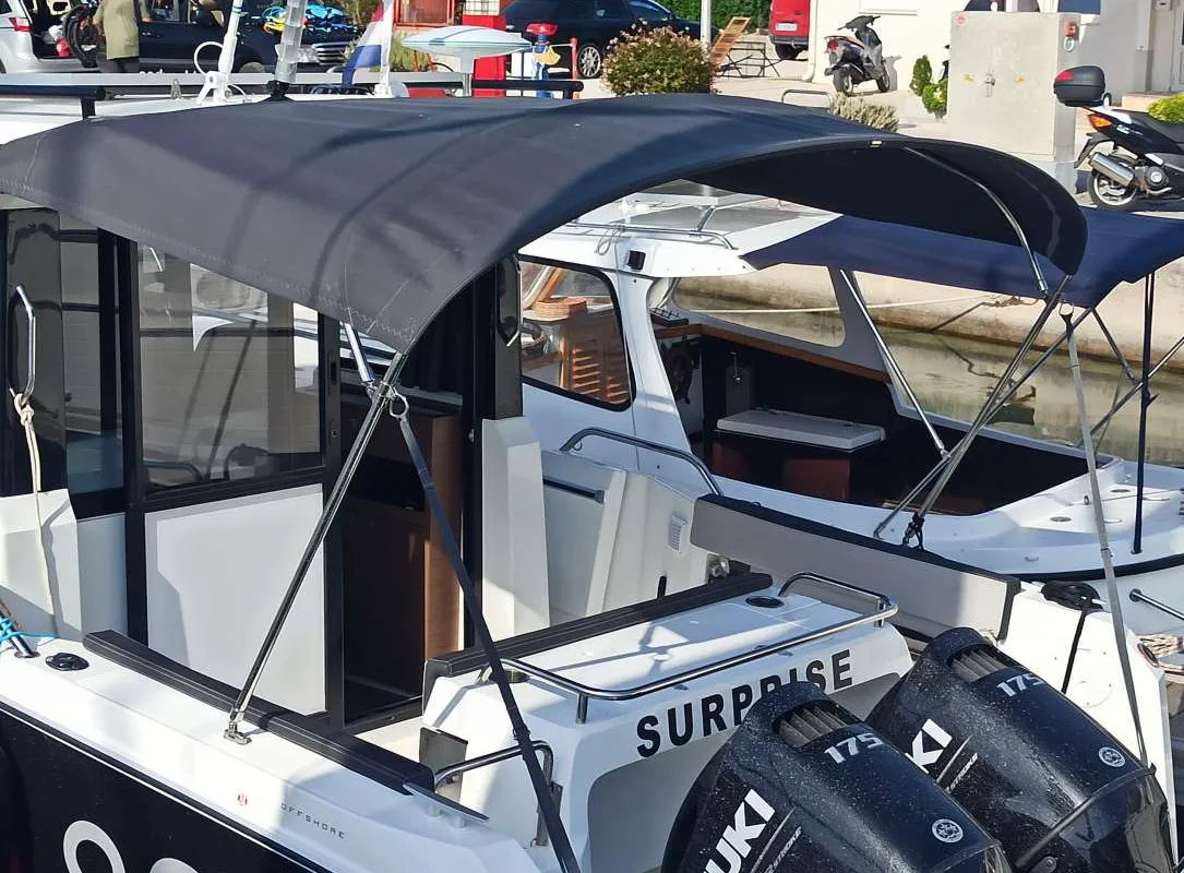 Deck of Surprise, a Jeanneau Merry Fisher 895 Sport Offshore motorboat at Punat, Croatia