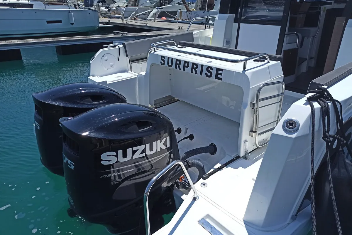 Deck of Surprise, a Jeanneau Merry Fisher 895 Sport Offshore motorboat at Punat, Croatia