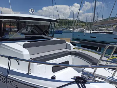Deck of Surprise, a Jeanneau Merry Fisher 895 Sport Offshore motorboat at Punat, Croatia