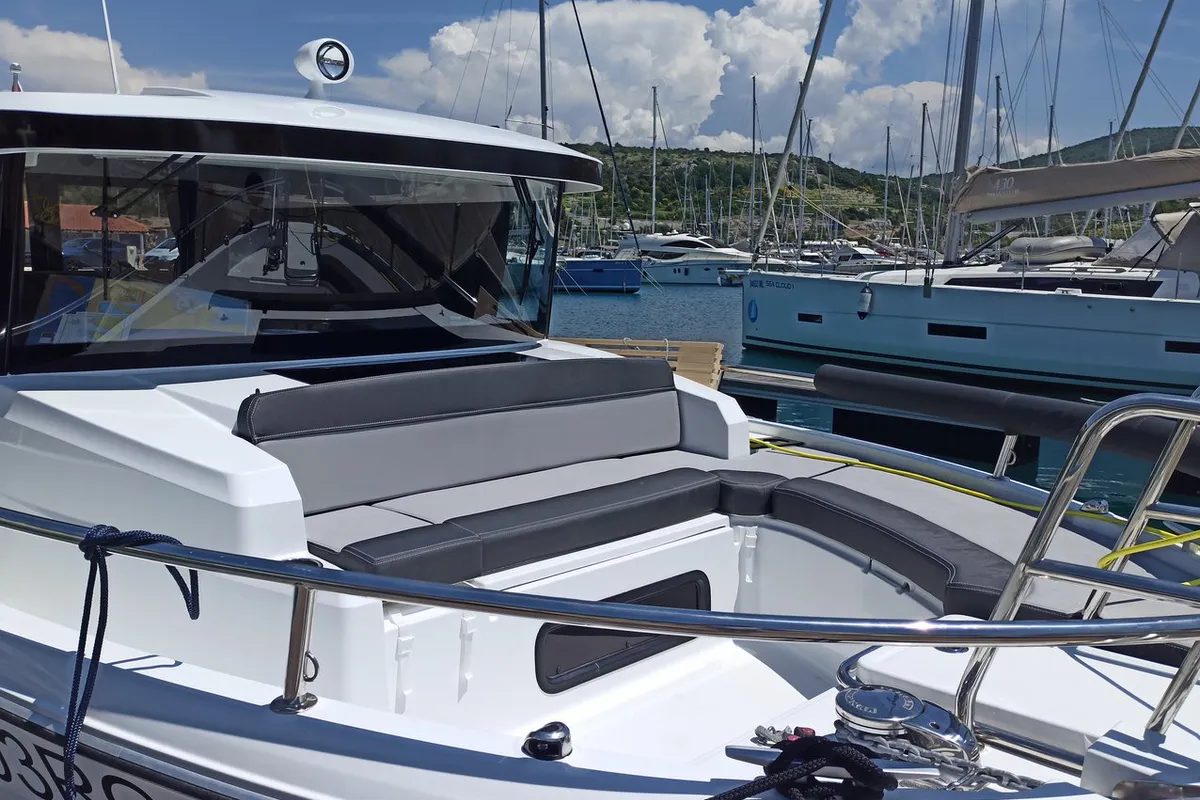 Deck of Surprise, a Jeanneau Merry Fisher 895 Sport Offshore motorboat at Punat, Croatia