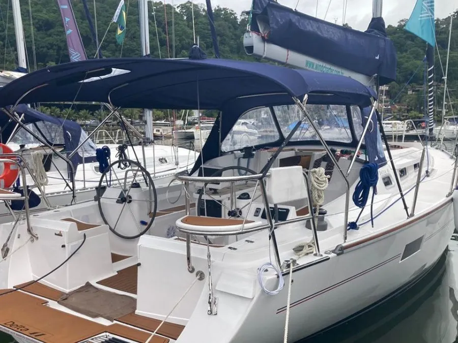 Exterior view of Nossa Toca, a Delta 41 sailboat at Paraty, Brazil
