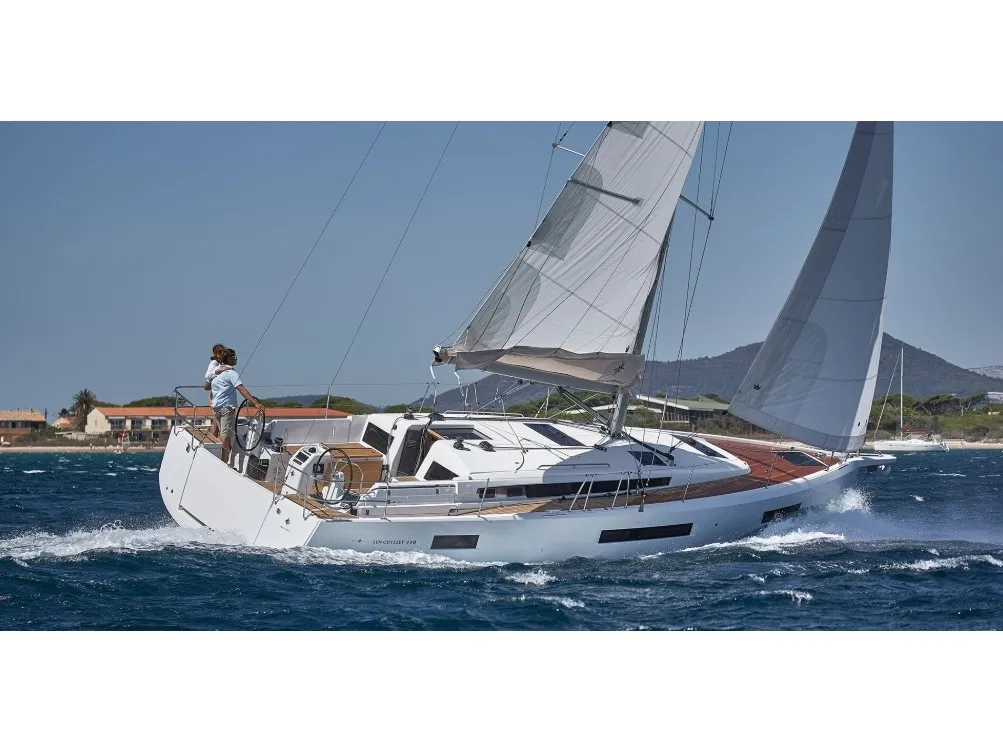 Exterior view of Aurelia, a Jeanneau Sun Odyssey 440 sailboat at Municipal Unit of Lefkada, Greece
