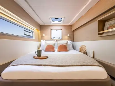 Cabin on new Lag 43, a Lagoon 43 catamaran at Olbia, Italy